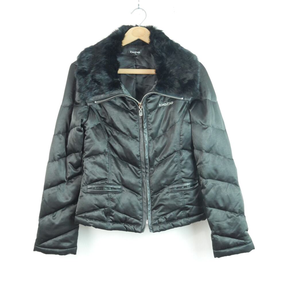 Vintage Bebe Puffer Coat Quilted‎ Rabbit Fur Collar Black Y2K Girlie Baddie Glam